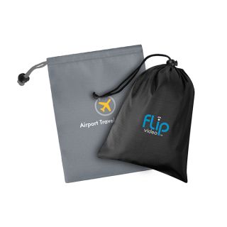 Grey and black drawstring storage pouches with cord locks, each printed with a logo