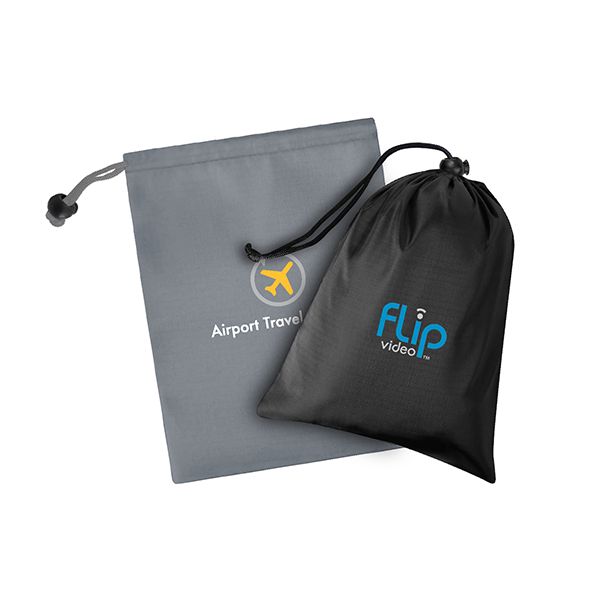 Grey and black drawstring storage pouches with cord locks, each printed with a logo