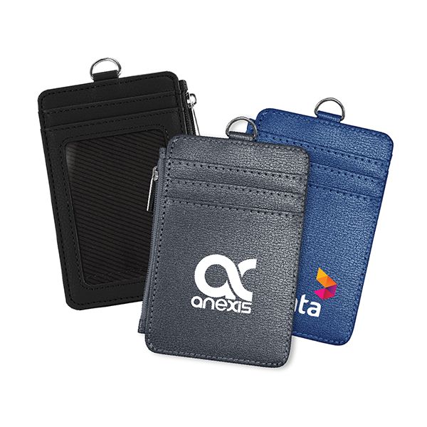 Black, grey and navy PU ID holders with open zippered wallet pockets and lanyard loops, printed with a logo