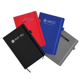 Fanned set of textured PU A5 notebooks in black, red, blue and grey with pen loops, each printed with a logo