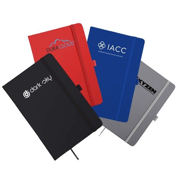 Fanned set of textured PU A5 notebooks in black, red, blue and grey with pen loops, each printed with a logo