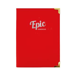 Red PU A4 seminar folder with gold corner guards, printed with a white logo