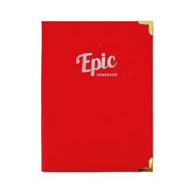 Red PU A4 seminar folder with gold corner guards, printed with a white logo