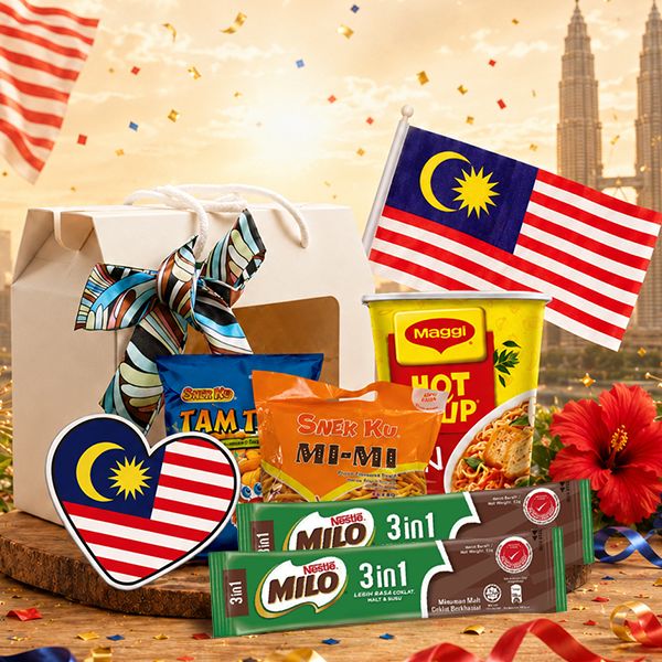 Rasa Merdeka 7 in 1 Gift Set in a window cake box with a mini Malaysian flag, local snacks and a twilly scarf