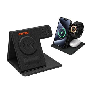 Black foldable 3-in-1 wireless charging stand holding a phone, a smartwatch and earbuds, printed with a logo