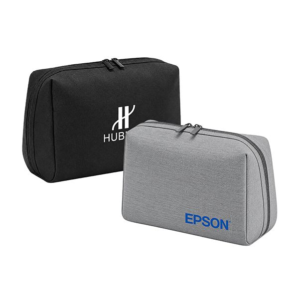 Black and grey zip toiletry pouches, each printed with a logo