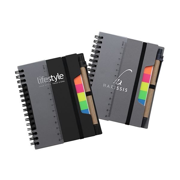 Black and grey spiral eco notebooks with a ruler edge, sticky note tabs and a pen on a strap, each printed with a logo