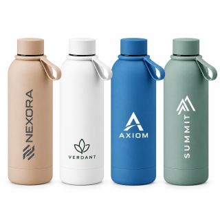 Four coated stainless steel bottles in rose pink, white, blue and teal with loop-handle caps, each printed with a logo