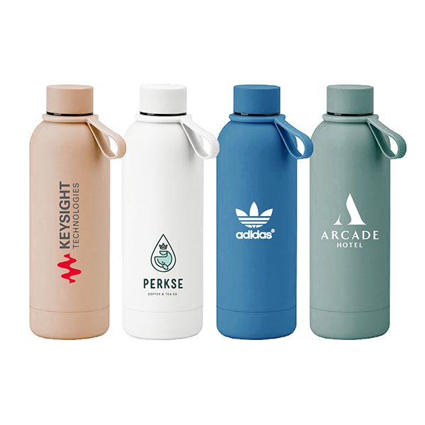 Four coated stainless steel bottles in rose pink, white, blue and teal with loop-handle caps, each printed with a logo