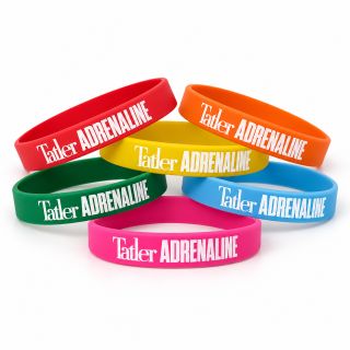 Pink, red, orange, yellow, green and blue silicone wristbands printed with a sample logo