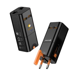 Black universal travel adapter with fold-out plug pins and two USB-C ports, front and side view