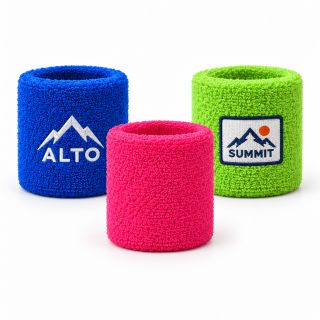 Blue, pink and green cotton sports wrist towels with embroidered logos