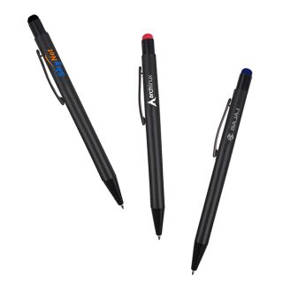 Three matte black press action metal pens with stylus tops in black, red and blue, each printed with a logo