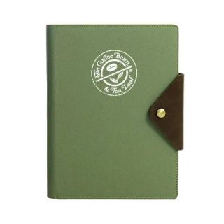 Olive green organiser with a brown flap closure and a gold stud, printed with a round white logo