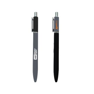 Two duo tone press action pens standing upright, one with a grey textured barrel and black upper section and one with a black barrel and grey upper section, each with a silver metal clip and