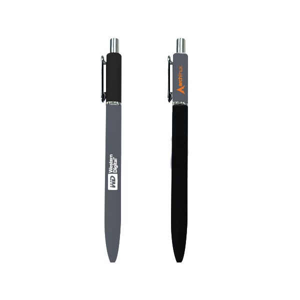 Two duo tone press action pens standing upright, one with a grey textured barrel and black upper section and one with a black barrel and grey upper section, each with a silver metal clip and
