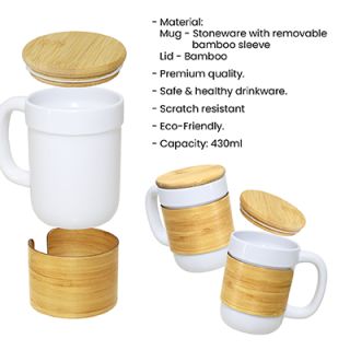 STONEWARE Ceramic Mug with Bamboo Sleeve Lid - 430ml 08