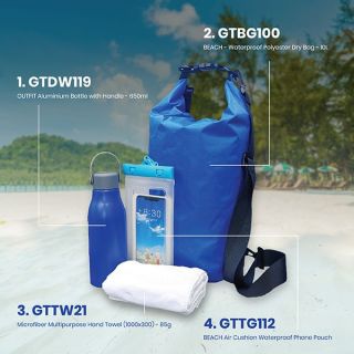 The four pieces labelled on a beach backdrop: a 650ml aluminium bottle, a 10L dry bag, a microfiber towel and an air cushion phone pouch