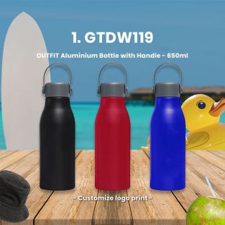 Black, red and blue 650ml aluminium bottles with carry handles, standing on a wooden deck against a beach backdrop