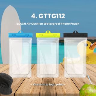 Three clear air cushion waterproof phone pouches with blue, yellow and black clips