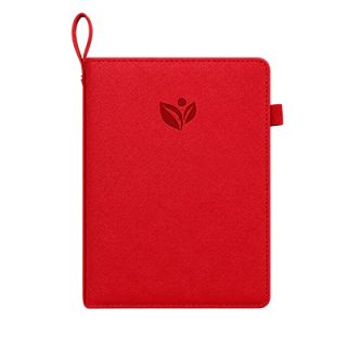 Red textured PU notebook with a wrist loop and a pen loop, engraved with a logo