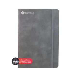 Grey suede-look notebook with a matching grey elastic band, printed with a logo at the top left