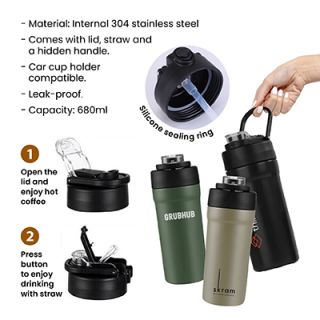 TIGO Stainless Steel Bottle with Straw Carry Handle - 680ml 10