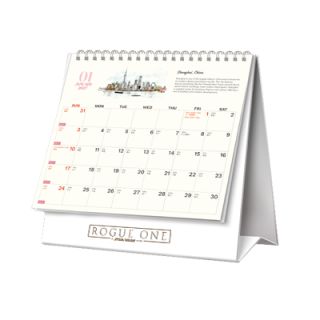 Timeless Destinations desk calendar open at a monthly date grid, with a clear printing area below the dates