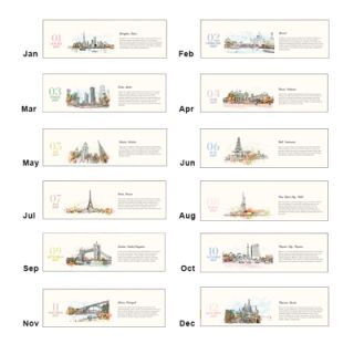 The twelve monthly pages of the Timeless Destinations desk calendar, January to December, showing sketched world landmarks