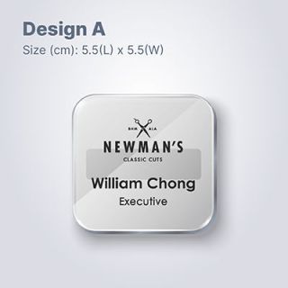 Design A, a square clear acrylic name tag with rounded corners, 5.5 x 5.5cm, printed with a logo, a name and a job title