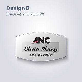Design B, a wide clear acrylic name tag, 6 x 3.5cm, printed with a logo, a name and a job title
