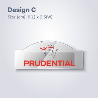 Design C, an arched clear acrylic name tag, 6 x 2.5cm, printed with a logo