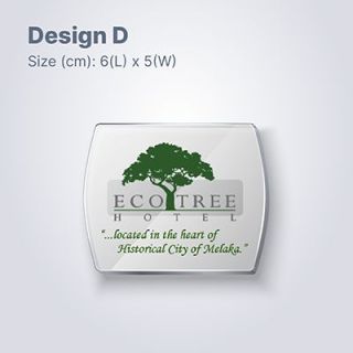Design D, a shield shaped clear acrylic name tag, 6 x 5cm, printed with a logo and a tagline