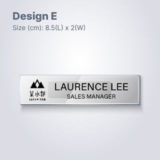 Design E, a slim rectangular clear acrylic name tag, 8.5 x 2cm, printed with a logo, a name and a job title