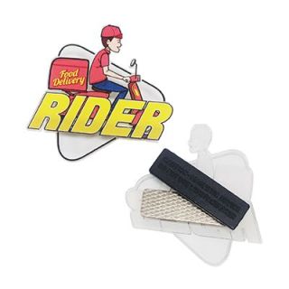 Die-cut acrylic name tag of a delivery rider shown beside its black magnetic back clip