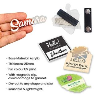 Assorted die-cut acrylic name tags with magnetic clips beside a list of material, thickness and print notes