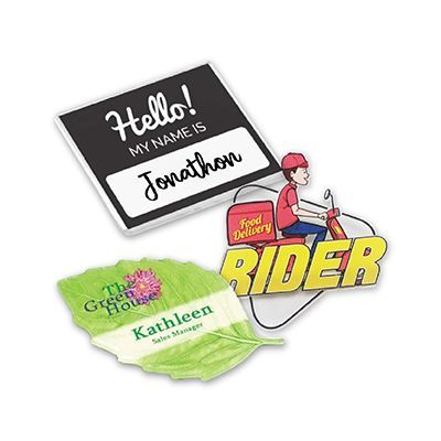 Die-cut clear acrylic name tags shaped as a hello badge, a delivery rider and a leaf, each UV printed with a name and a logo