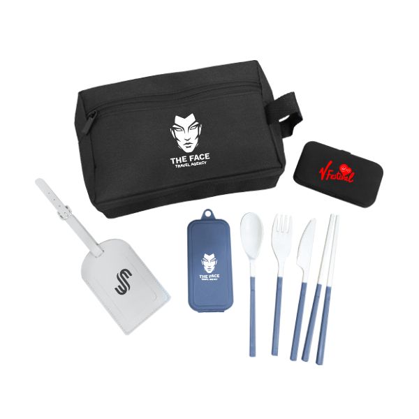 Black toiletry pouch with a luggage tag, a passport holder, a folding cutlery set and a mini fan, each printed with a logo