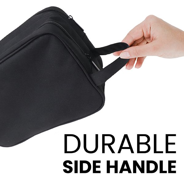 Black toiletry pouch lifted by its side handle