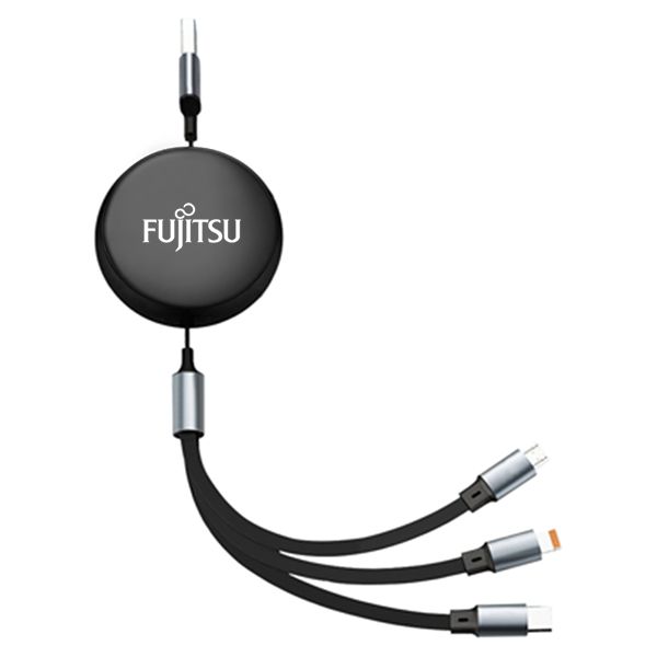 Black round retractable charging cable with three connector tips fanned out, printed with a logo
