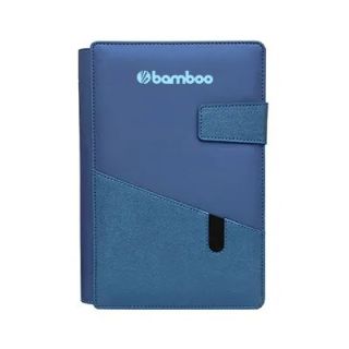 Two tone blue organiser with a snap tab, a slanted front pocket and a pen loop, printed with a logo