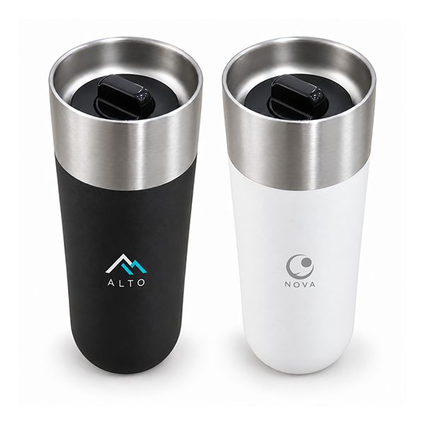 Black and white TWIST insulated thermos mugs with brushed steel rims and push-button lids