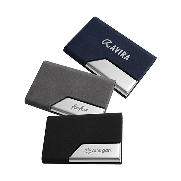 Two grey patterned PU name card holders with black and silver metal bases, one open, each printed with a logo
