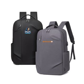 Black backpack with a vertical front zip beside a grey one with side bottle pockets and a USB port, each printed with a logo.