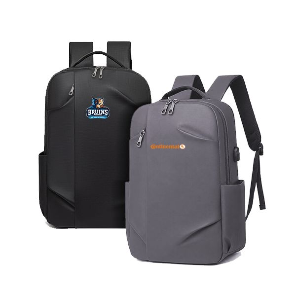 Black backpack with a vertical front zip beside a grey one with side bottle pockets and a USB port, each printed with a logo.