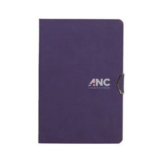 Purple textured PU notebook with a side clip, printed with a white logo