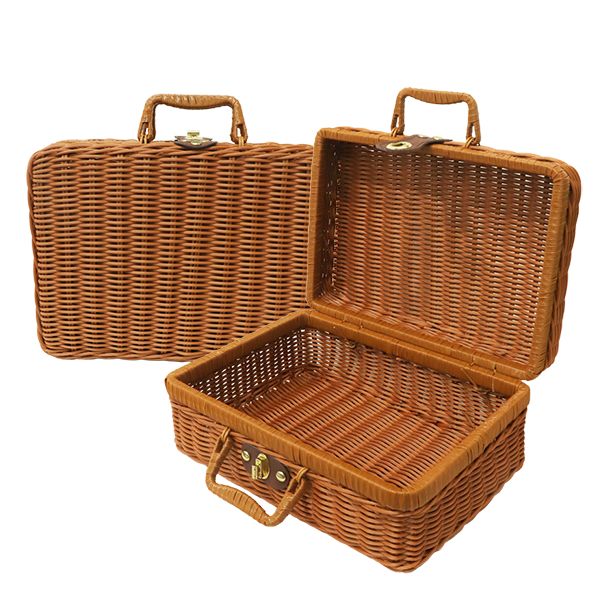 Rattan retro basket for gift sets with carry handles and locking strap