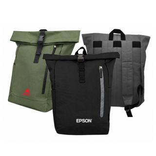 Roll-top buckle backpacks in green, black and grey, printed with a logo