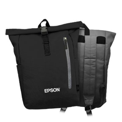 Rolltop buckle backpack in black shown front and back, with a vertical zip pocket and padded shoulder straps, printed with a logo.