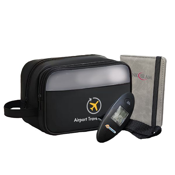 Black toiletry bag with a grey passport holder and a travel adapter, printed with a logo